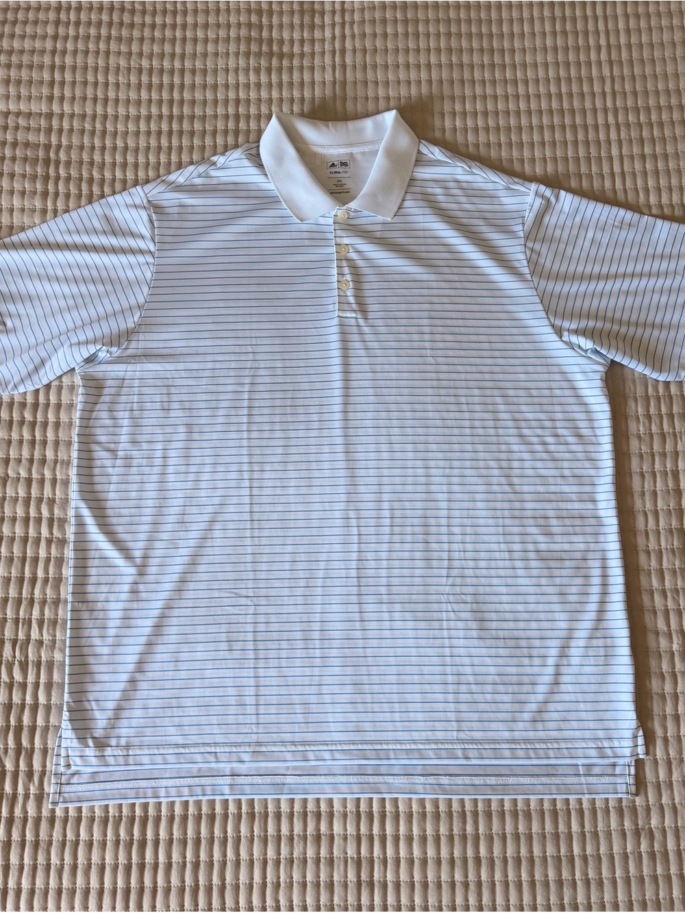 adidas Men’s White Polo with Thin Blue Stripes